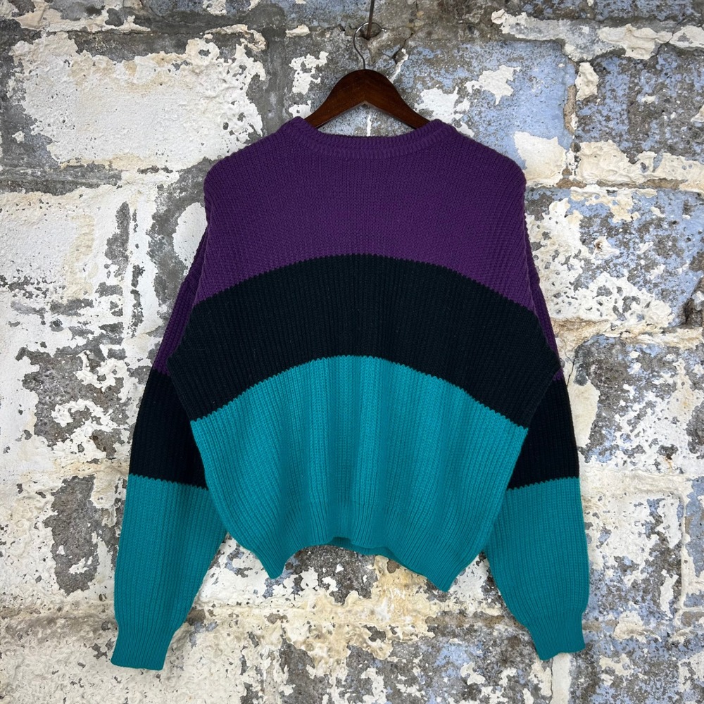 Vintage American Weekend Sweater Purple Teal Black Colorblock Knit XL